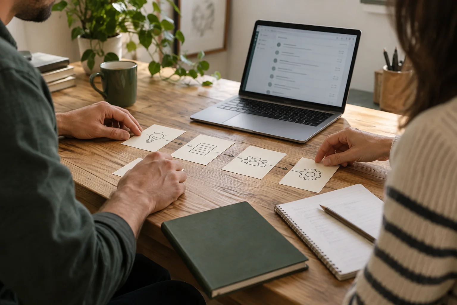 Dos personas ordenan un proceso sobre una mesa, junto a un portátil y un cuaderno.