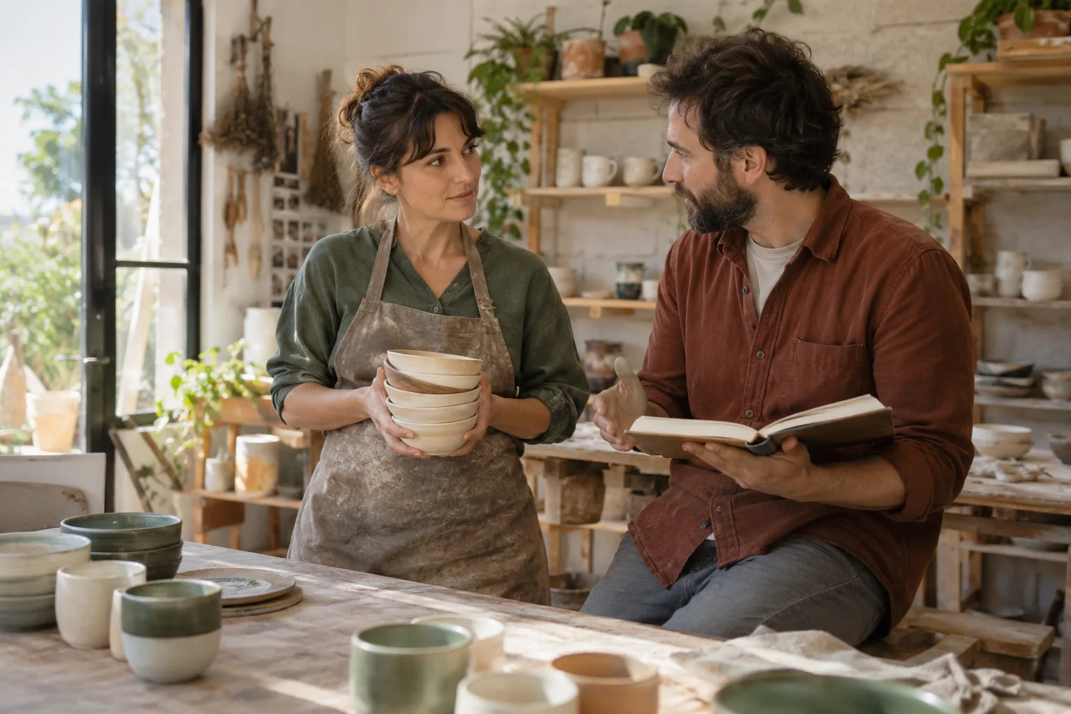 Dos socios conversan sobre su forma de trabajar en un taller de cerámica.