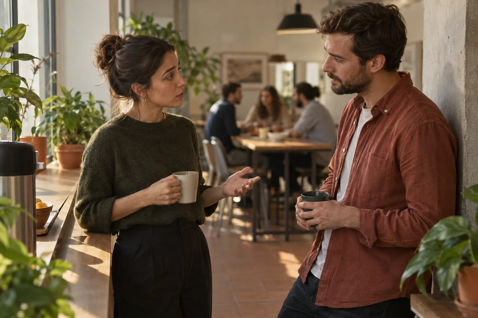 Dos compañeros mantienen una conversación difícil en el lugar de trabajo.
