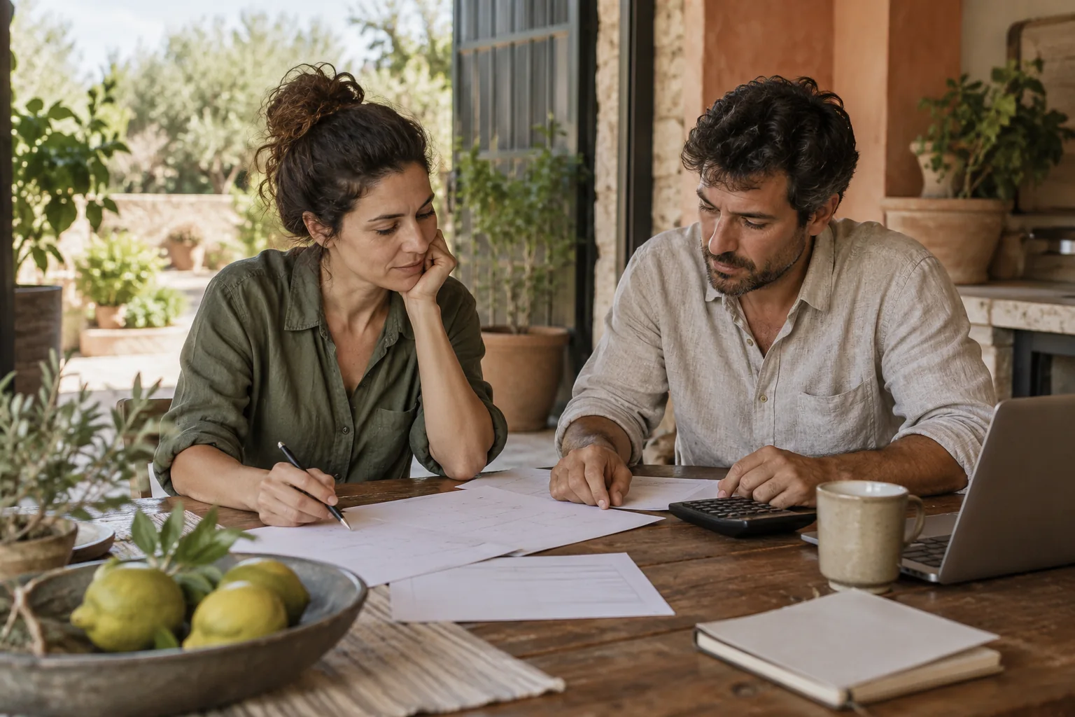 Dos personas revisan los cobros pendientes y la tesorería de un negocio.
