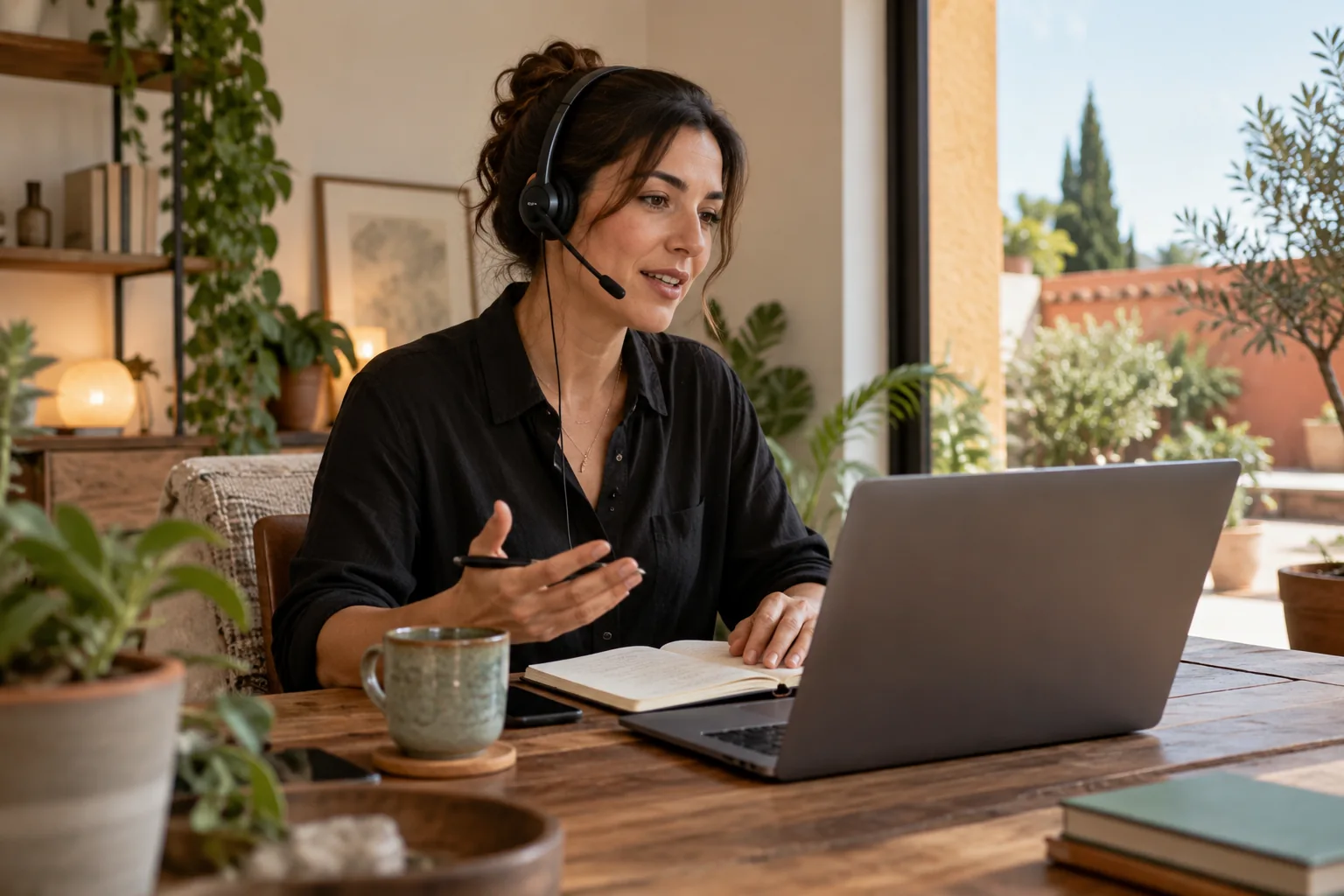 Una profesional de ventas conversa con auriculares ante el portátil y un cuaderno.