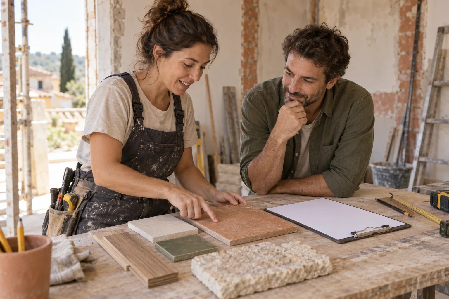 Una profesional de obra explica a un cliente los materiales de un cambio de alcance.