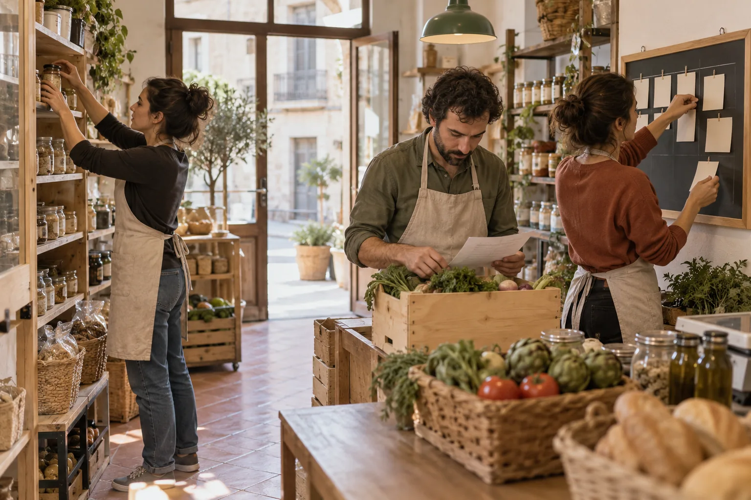 Equipo de una tienda pequeña reparte tareas mientras prepara la apertura.