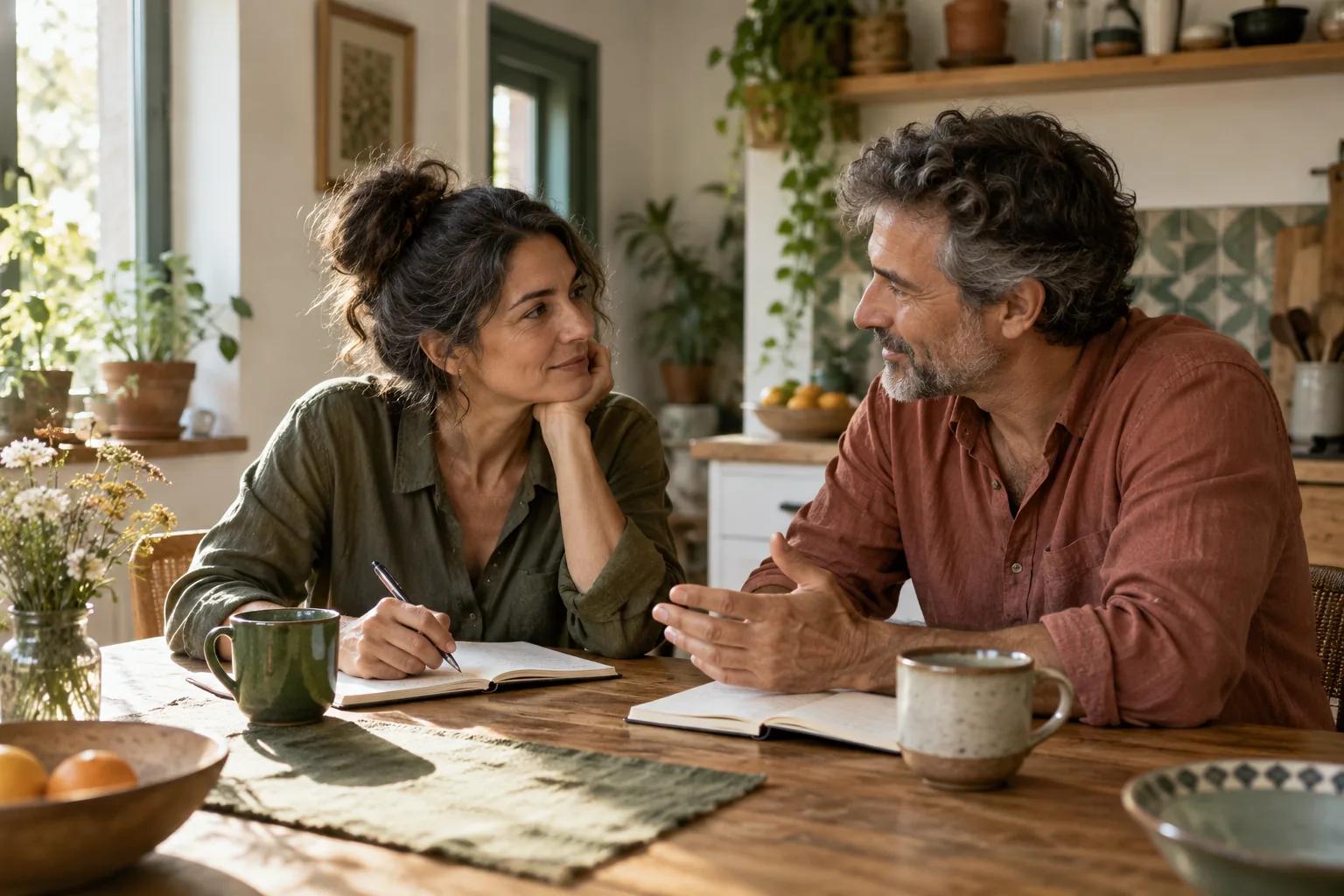 Dos personas conversan con atención en una cocina, cada una con un cuaderno abierto.
