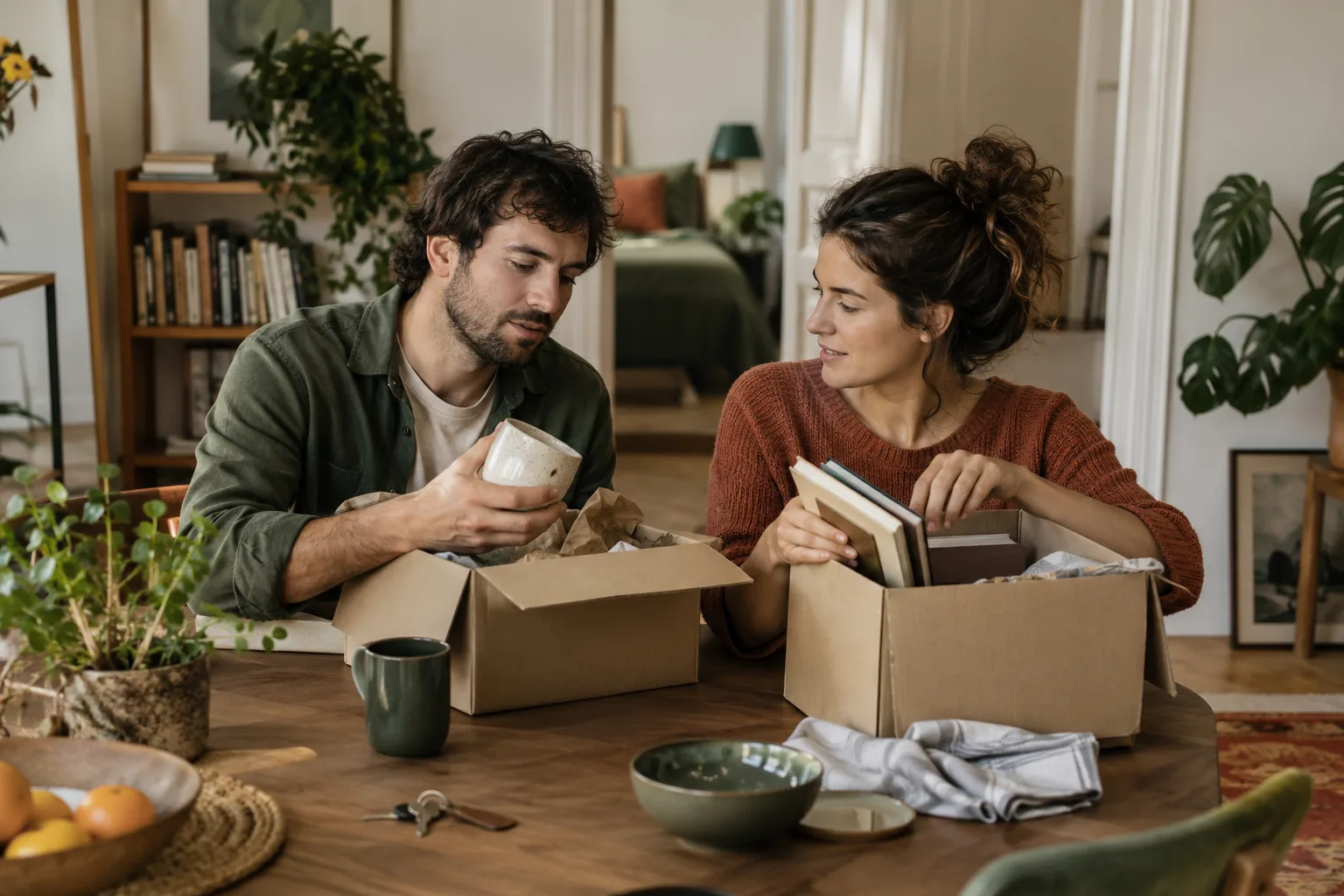 Una pareja organiza objetos de la casa en dos cajas sobre una mesa.