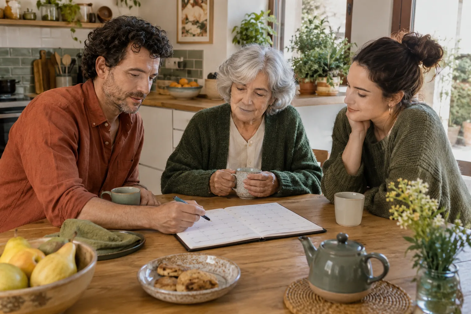 Tres familiares revisan juntos un calendario en la mesa de una cocina.