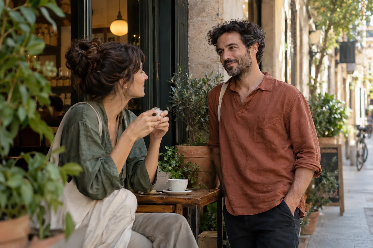 Dos personas conversan junto a la terraza de una cafetería de barrio.