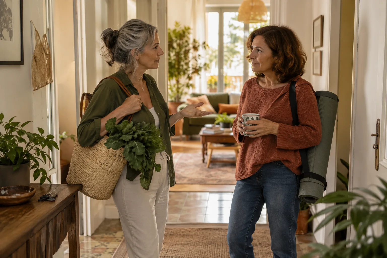 Dos mujeres adultas conversan en el pasillo de una vivienda compartida.