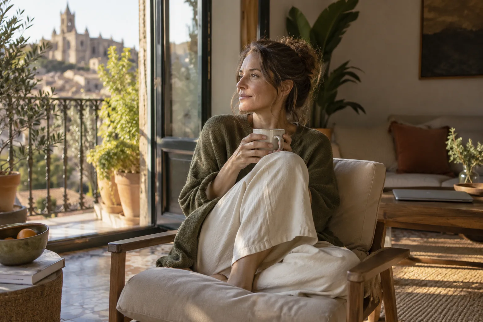 Una mujer descansa junto a una puerta abierta al balcón con una taza entre las manos.