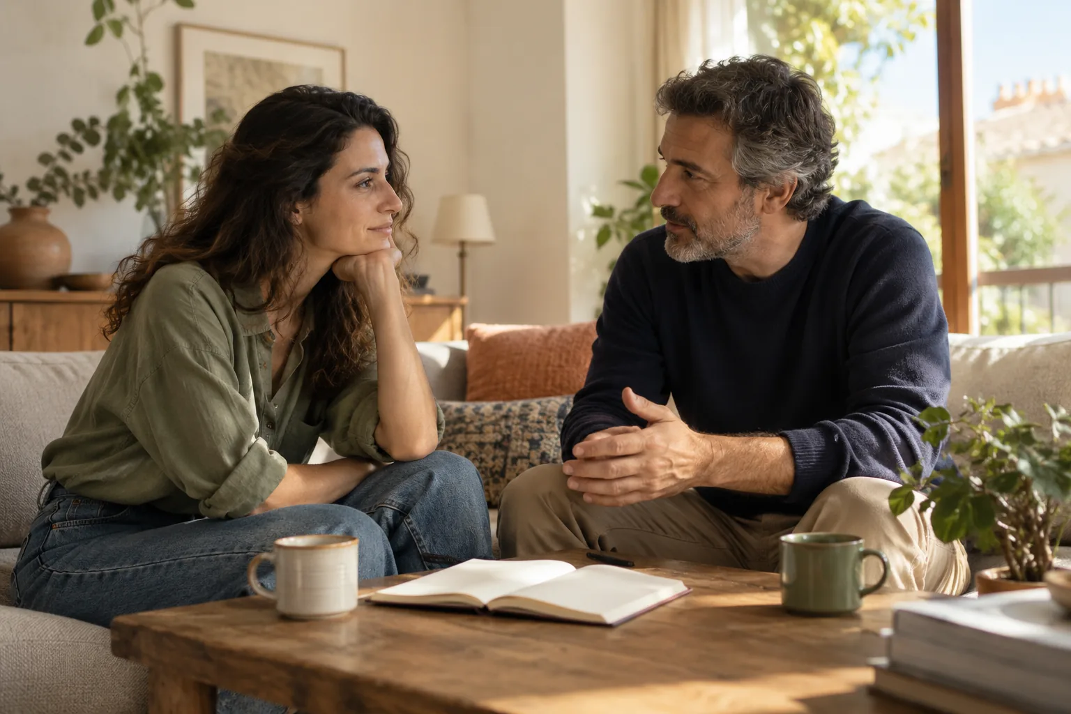 Dos familiares conversan en un salón junto a un cuaderno abierto.