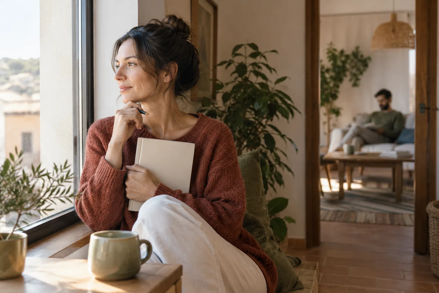 Una mujer reflexiona junto a una ventana con un cuaderno en las manos y otra persona al fondo.