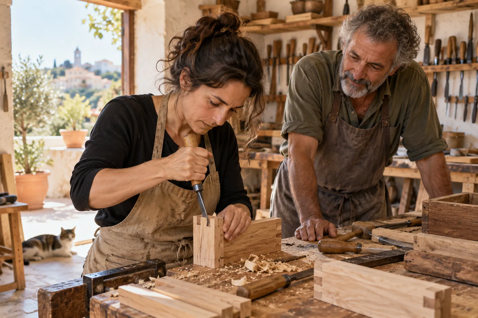 Una aprendiz practica carpintería con acompañamiento de un profesional.