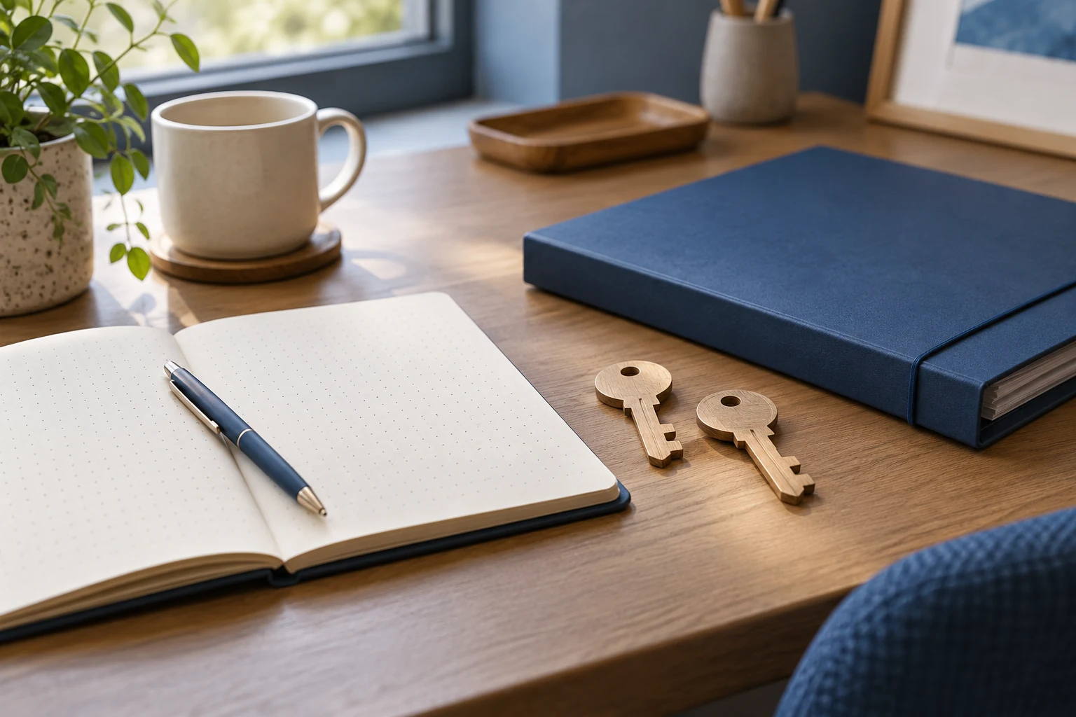 Dos llaves de madera junto a una carpeta azul cerrada y un cuaderno abierto