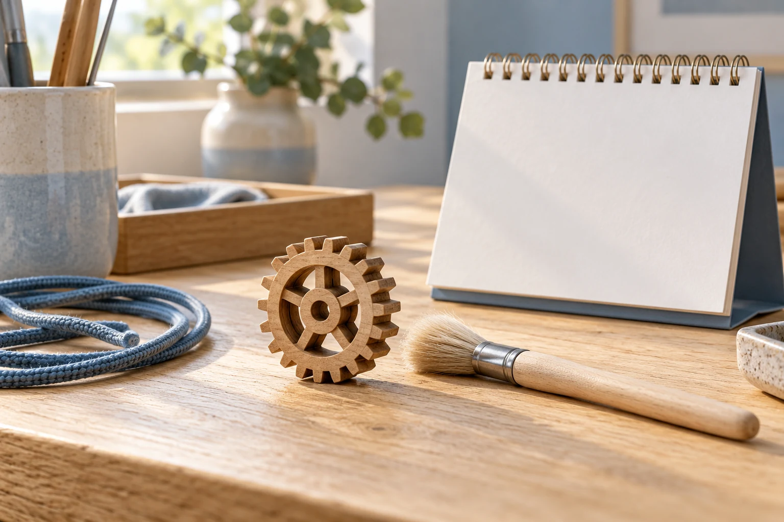 Un engranaje de madera, un pincel y un calendario de sobremesa en una mesa
