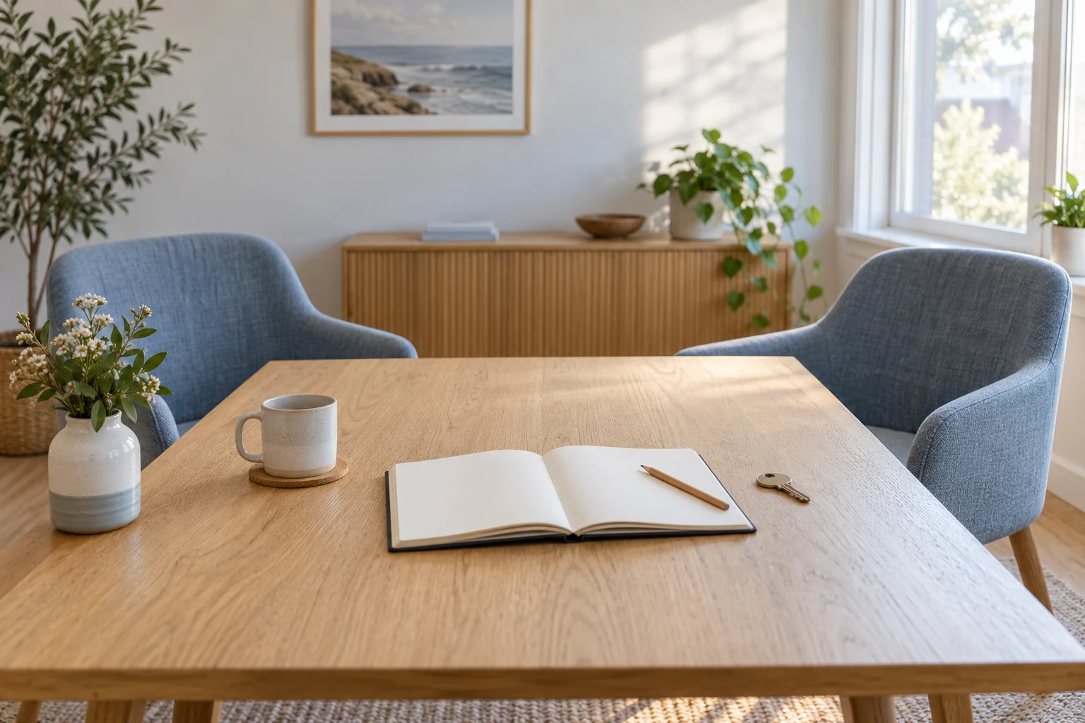 Dos sillas ante una mesa con un cuaderno abierto, un lápiz y una llave