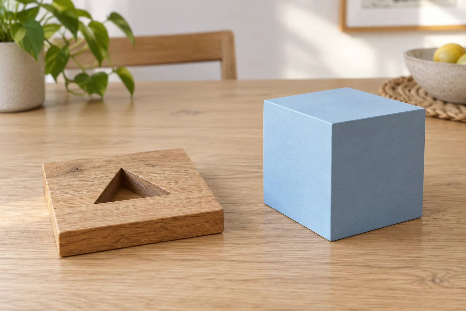 Una placa de madera con un hueco triangular y un cubo azul mayor, separados sobre una mesa