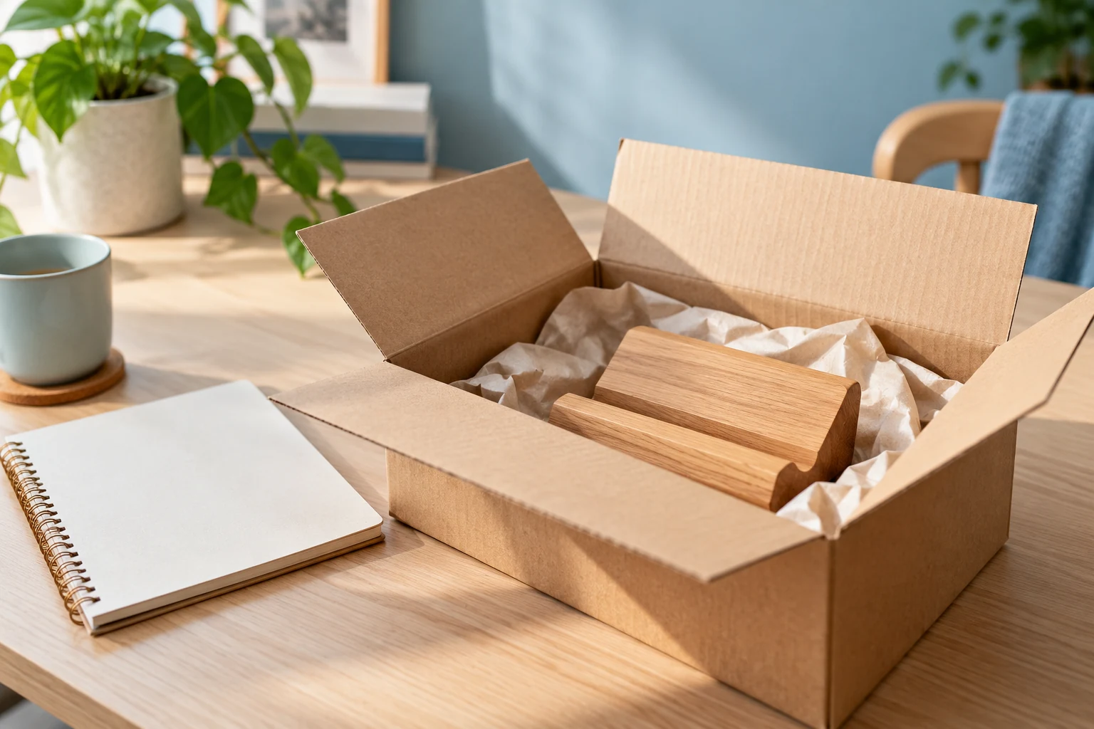 Una caja abierta con una pieza de madera y un cuaderno sobre la mesa