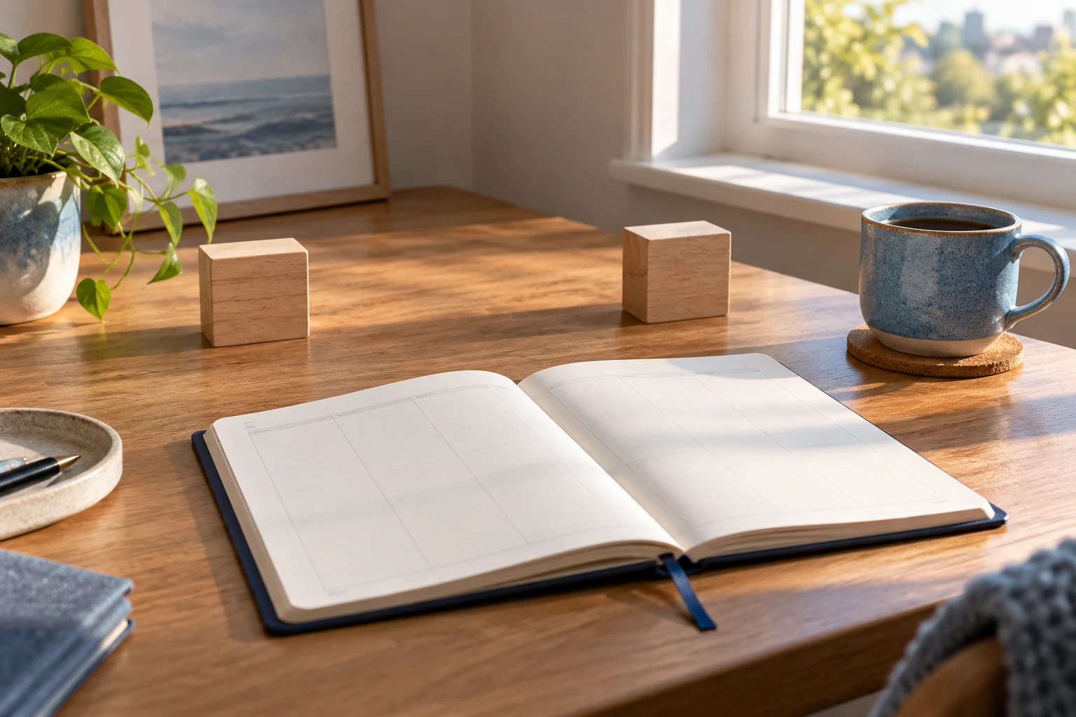 Una agenda abierta junto a dos bloques de madera y una taza azul