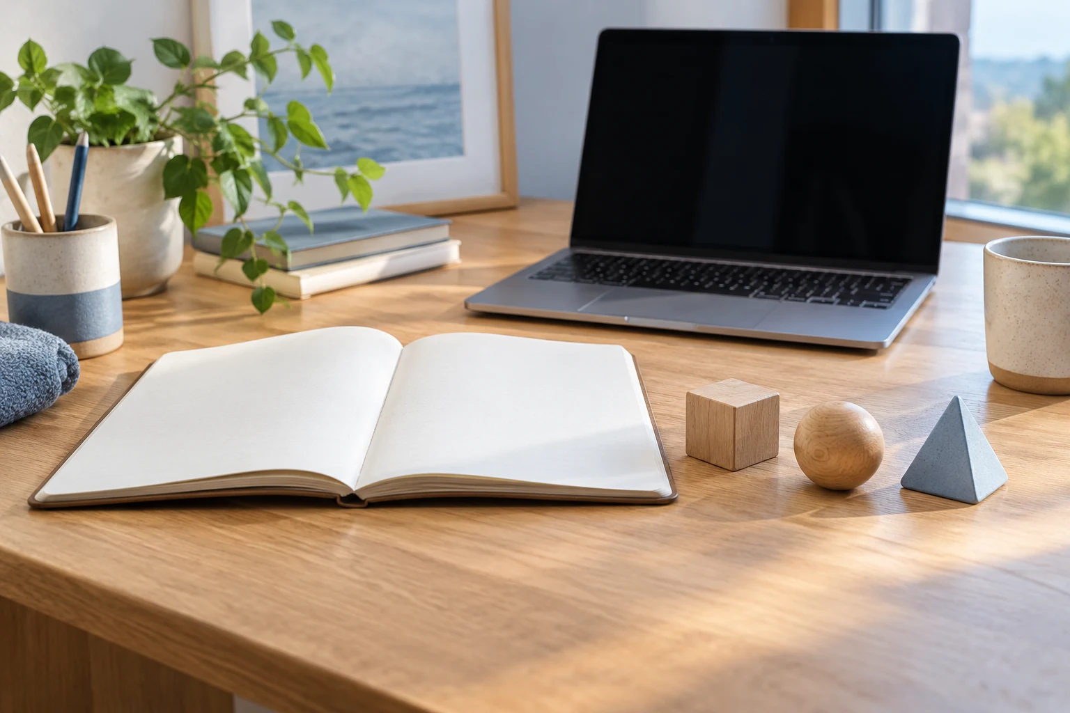 Un cuaderno abierto y tres piezas de distintas formas junto a un portátil con pantalla apagada
