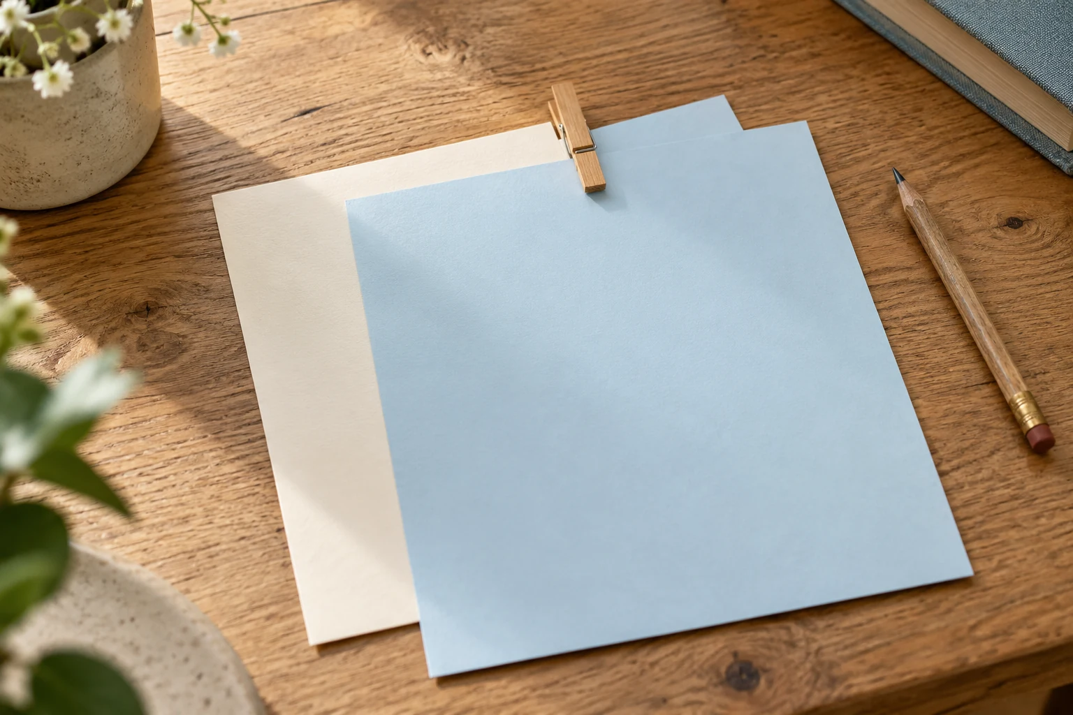 Dos hojas superpuestas sujetas con una pinza de madera sobre una mesa
