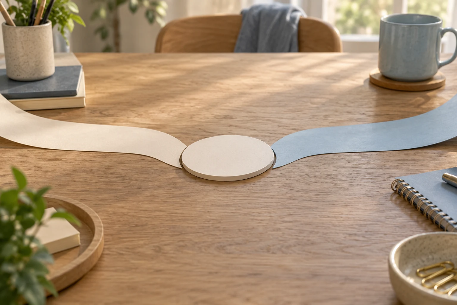 Dos tiras de papel de distinto color convergen en una pieza circular sobre una mesa