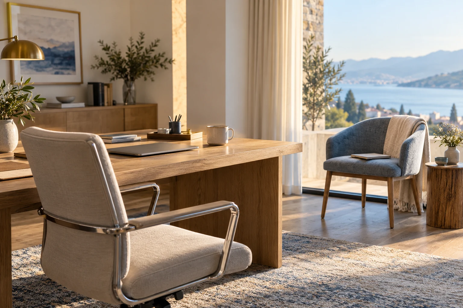 Una silla ante una mesa de trabajo y un sillón junto a la ventana con un cuaderno cerrado