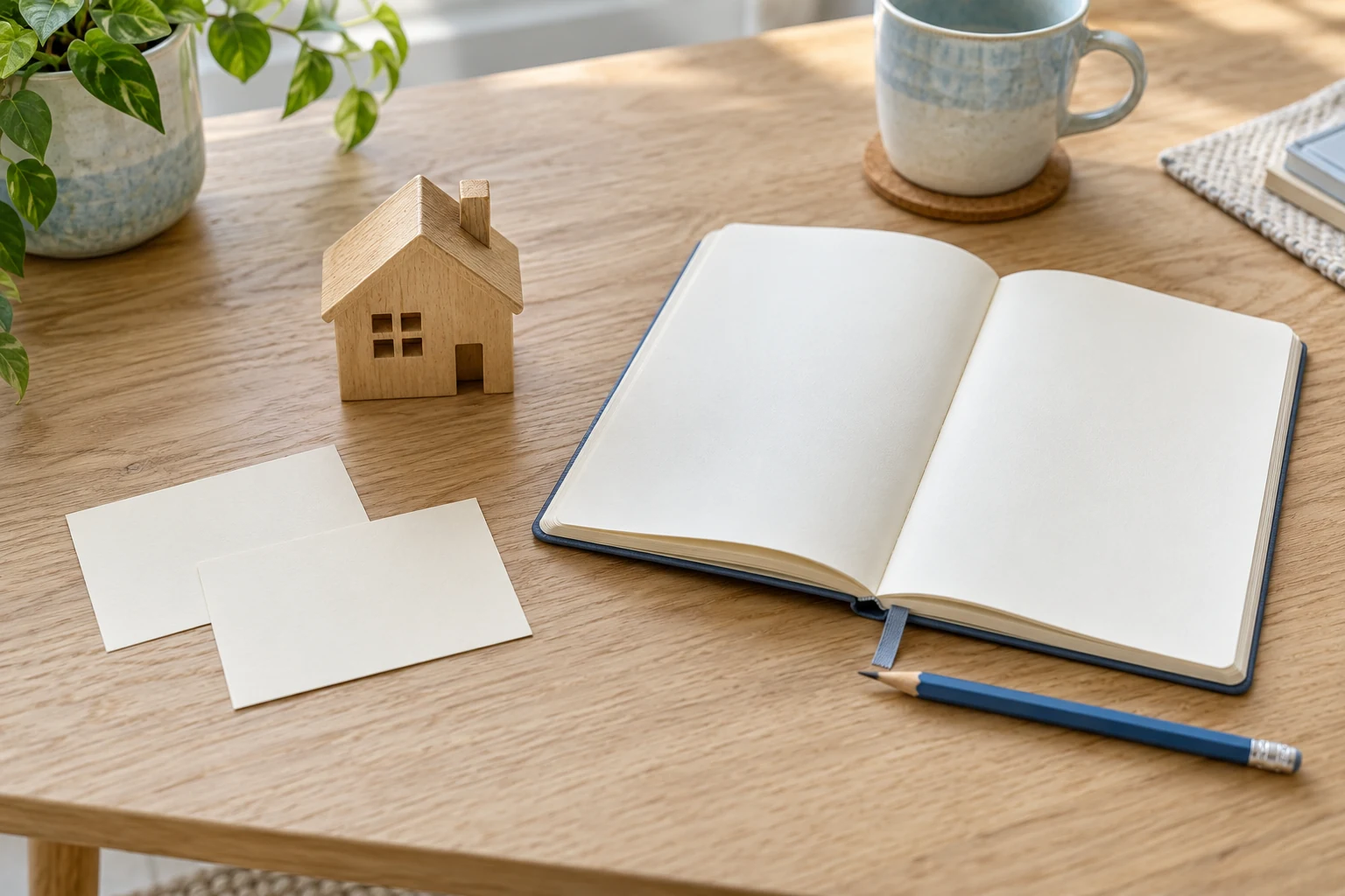Una casa de madera junto a dos tarjetas y un cuaderno abierto