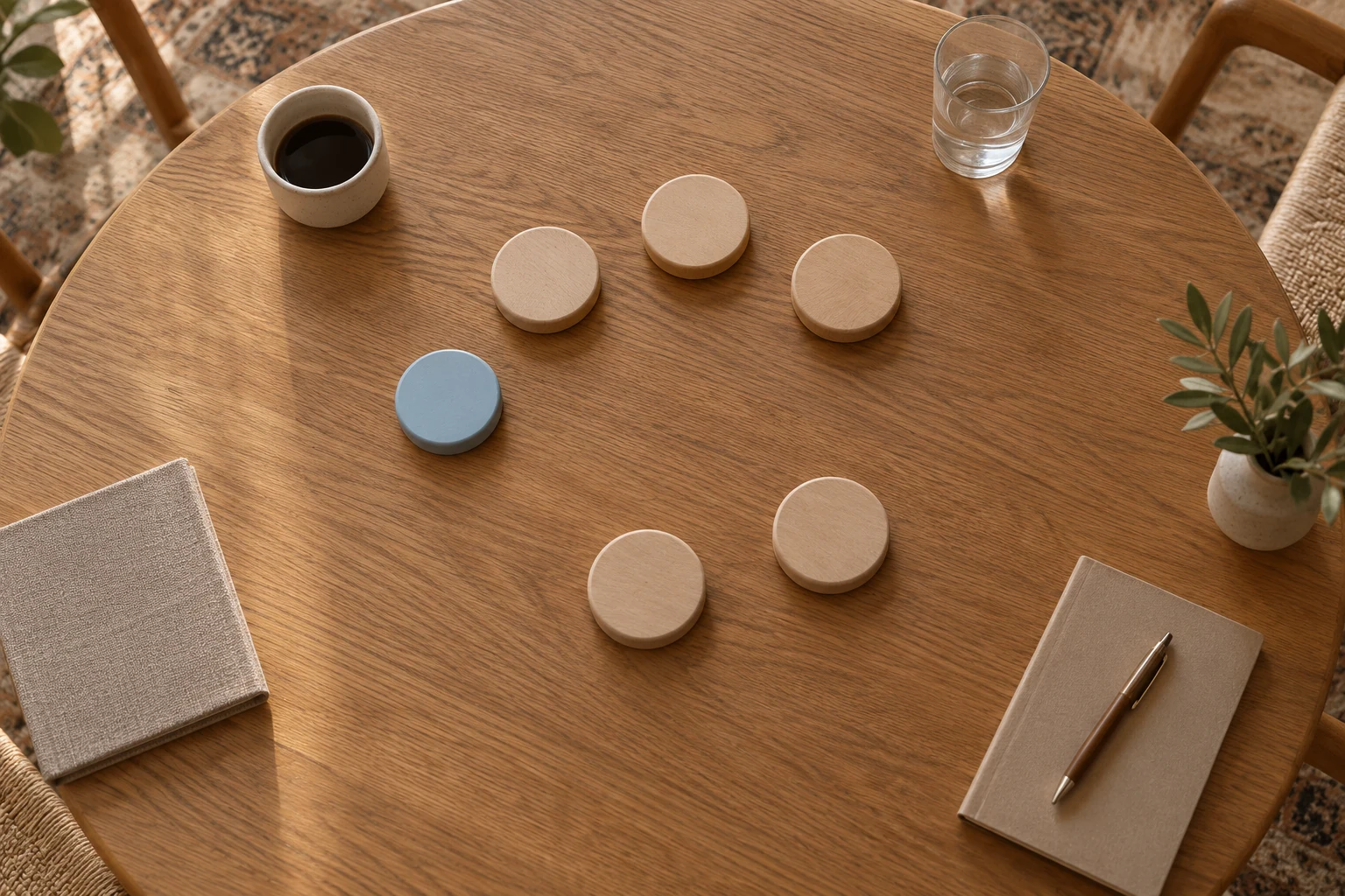 Fichas de madera sobre una mesa redonda, una de ellas azul y separada del grupo