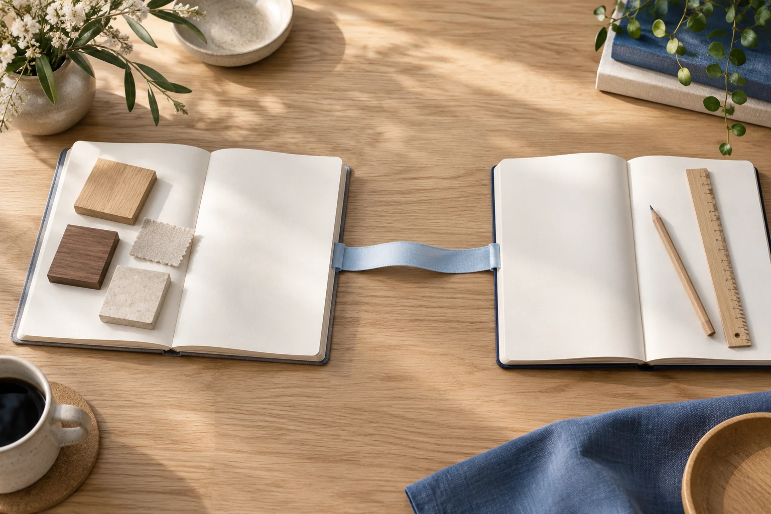 Dos cuadernos abiertos conectados por una cinta azul, con muestras de materiales y un lápiz