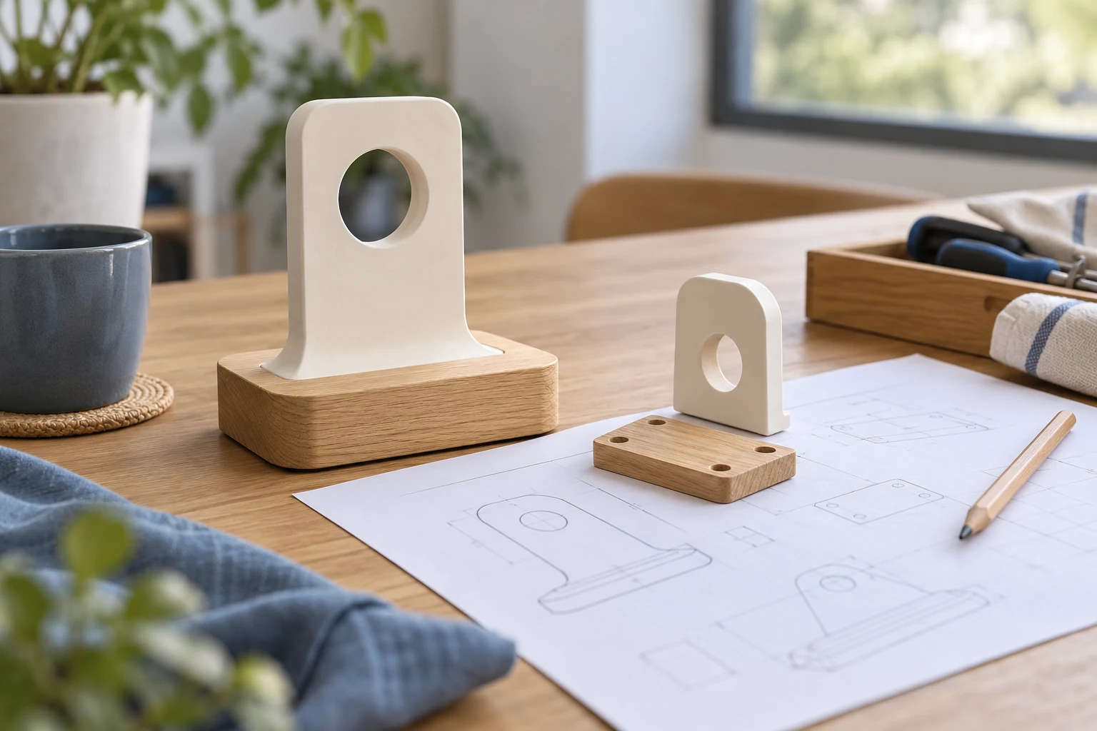 Dos piezas de maqueta de distinto tamaño sobre sus bases junto a un plano y un lápiz