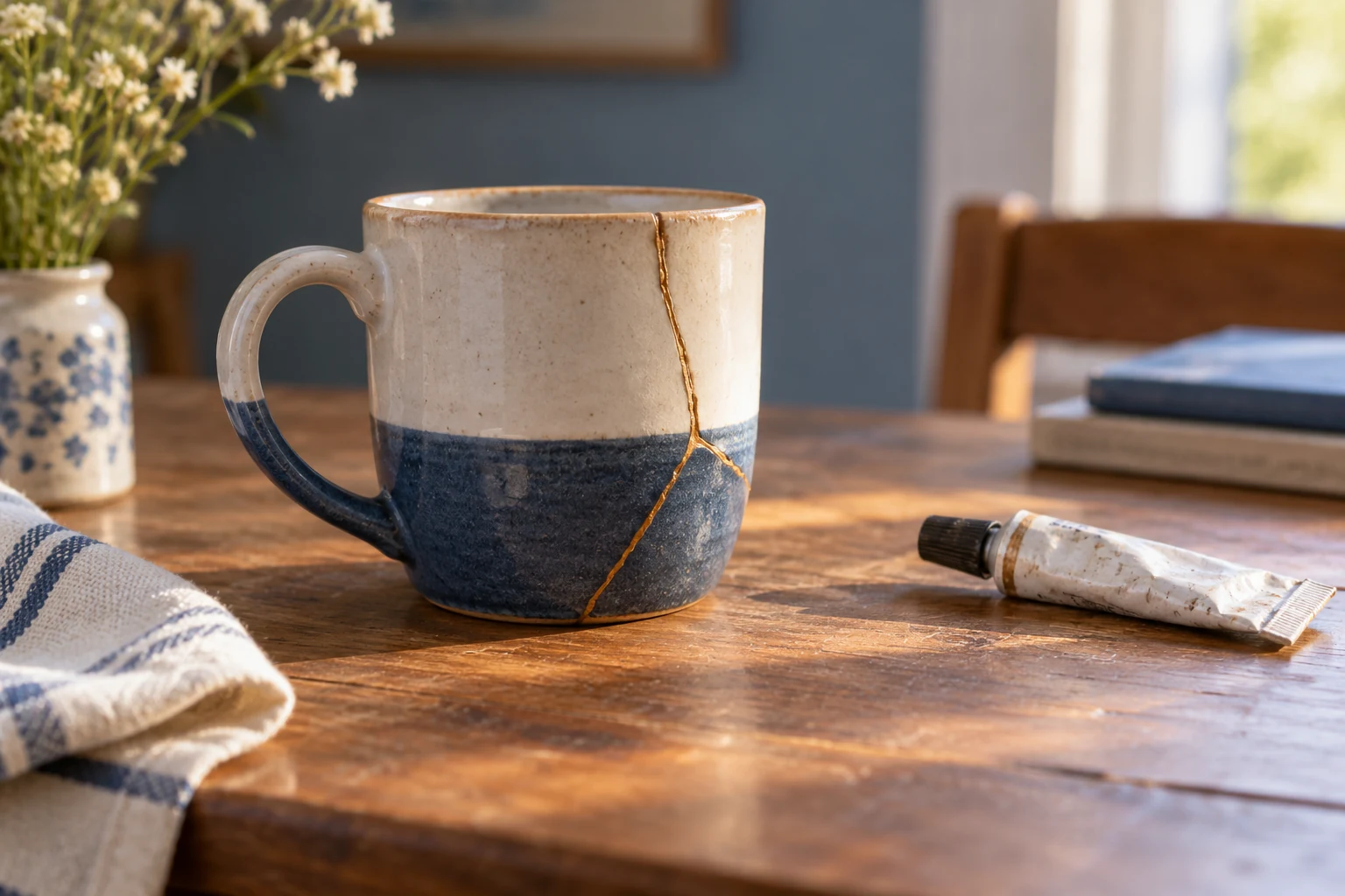 Una taza con una reparación visible junto a un tubo y un paño sobre la mesa