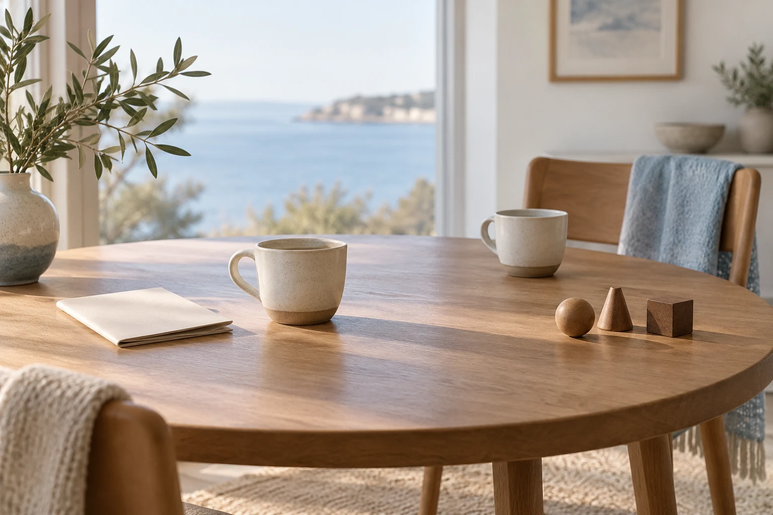 Dos tazas separadas sobre una mesa con tres piezas de madera y una silla vacía