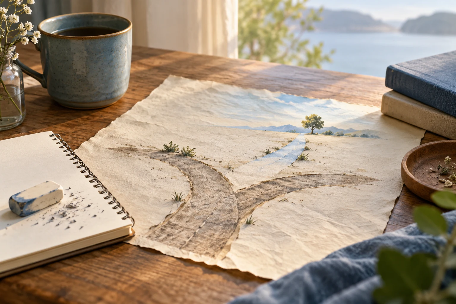 Un dibujo de caminos que se bifurcan sobre una mesa, junto a un cuaderno y una goma de borrar.