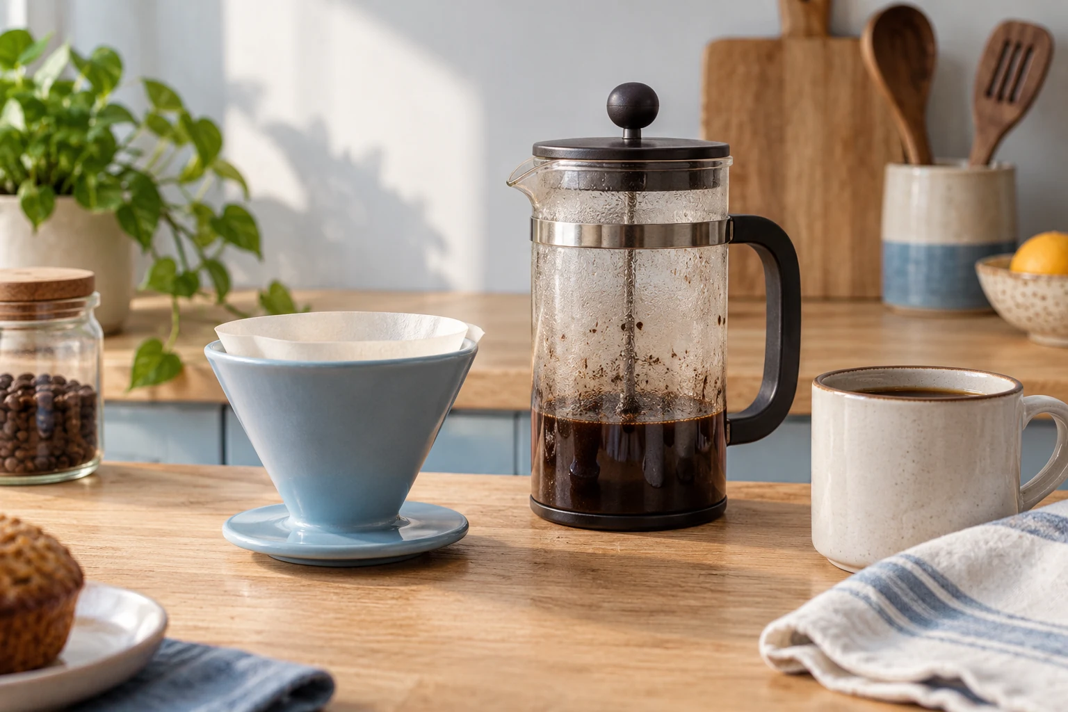 Una cafetera de émbolo, un filtro y una taza sobre la encimera de una cocina.