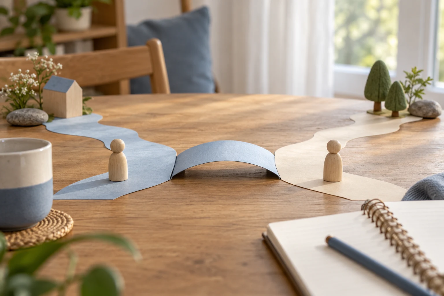 Dos figuras de madera sobre caminos de papel unidos por un pequeño puente.