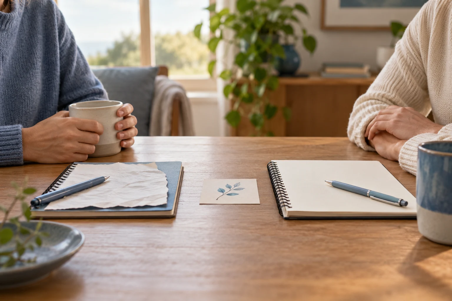 Dos personas ante una mesa con cuadernos, una taza y una hoja arrugada.