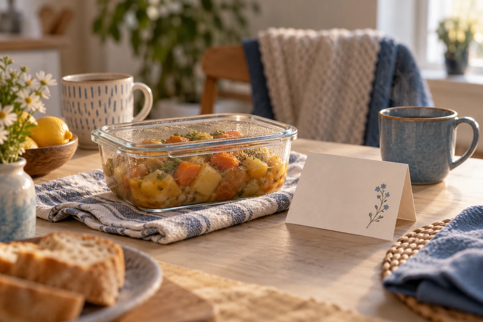 Un recipiente de comida junto a una tarjeta con flores dibujadas y dos tazas.