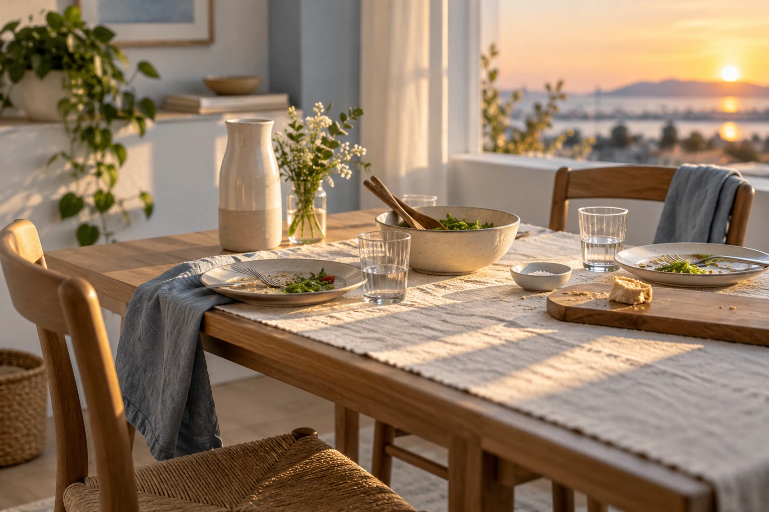 Una mesa con dos platos y vasos después de una comida, junto a una ventana al atardecer.
