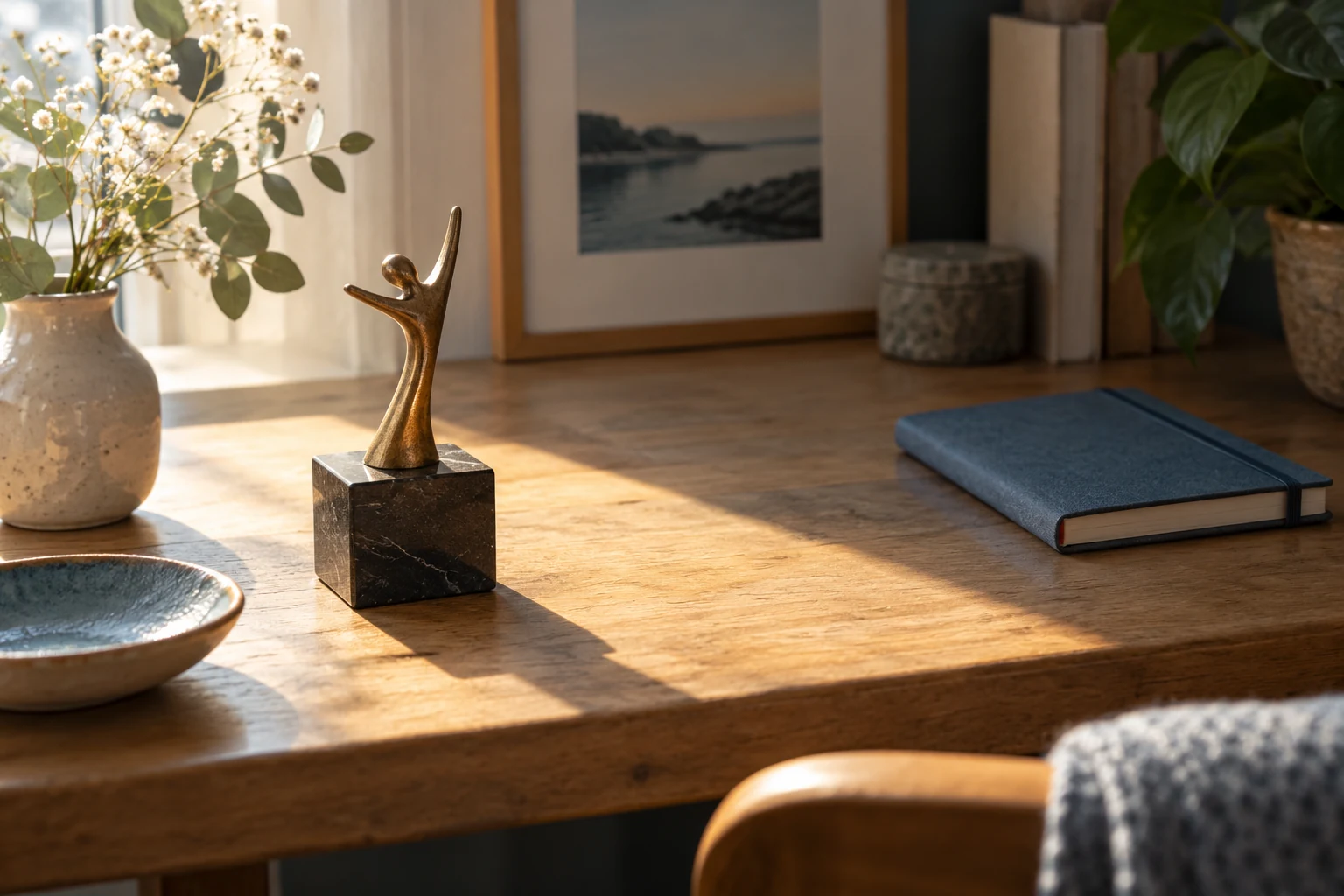 Una pequeña figura sobre un pedestal y un cuaderno azul cerrado en una mesa.