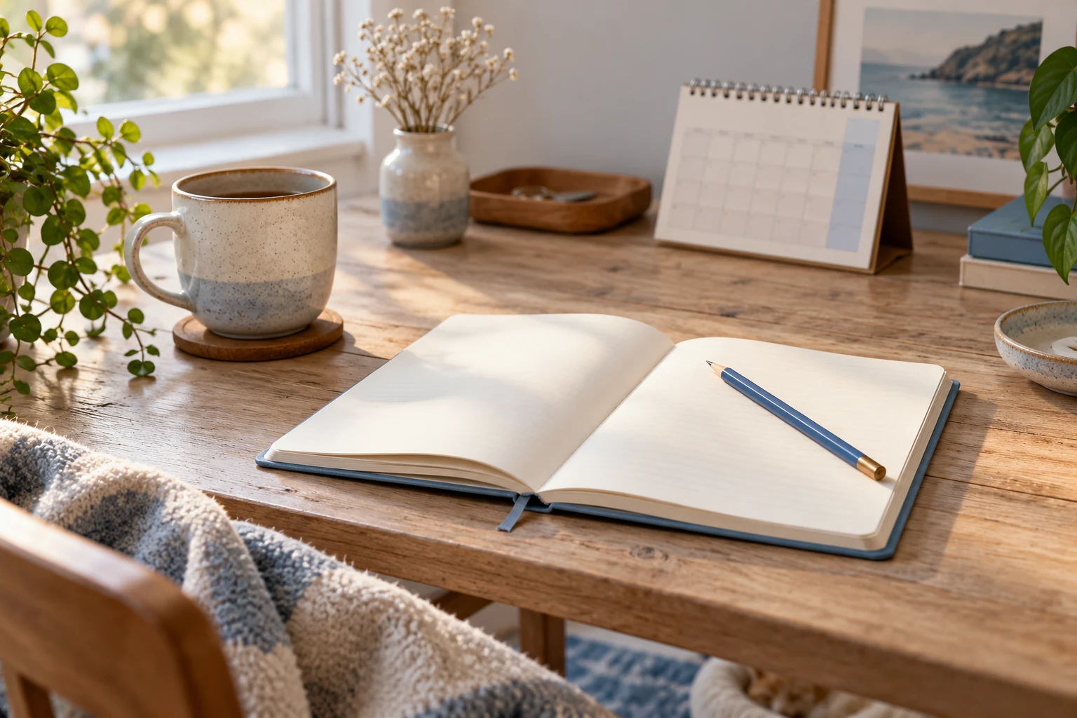 Un cuaderno abierto con un lápiz azul, una taza y un calendario al fondo.
