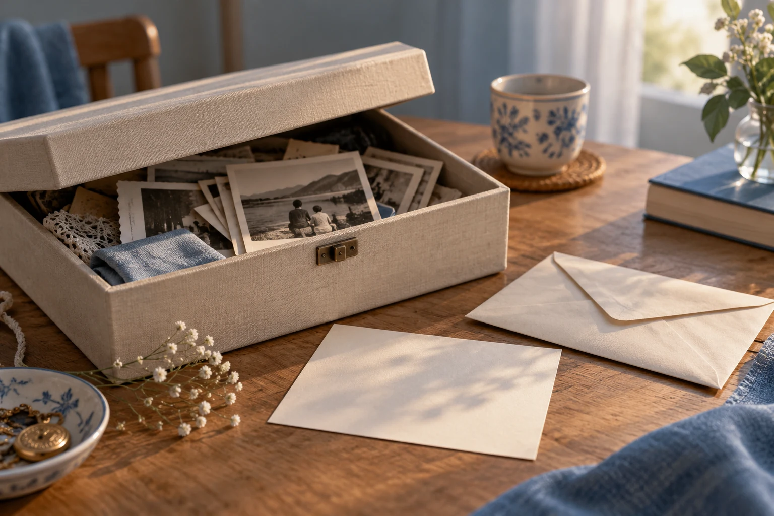 Una caja entreabierta con fotografías y sobres sobre una mesa.