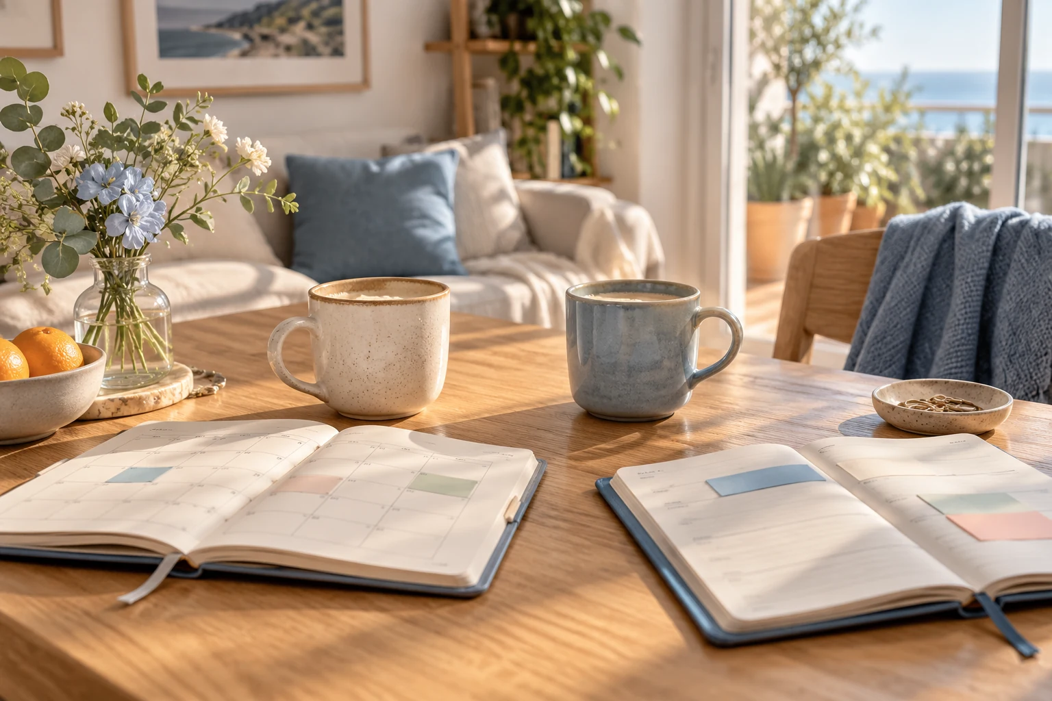 Dos agendas abiertas y dos tazas sobre una mesa iluminada por la mañana.