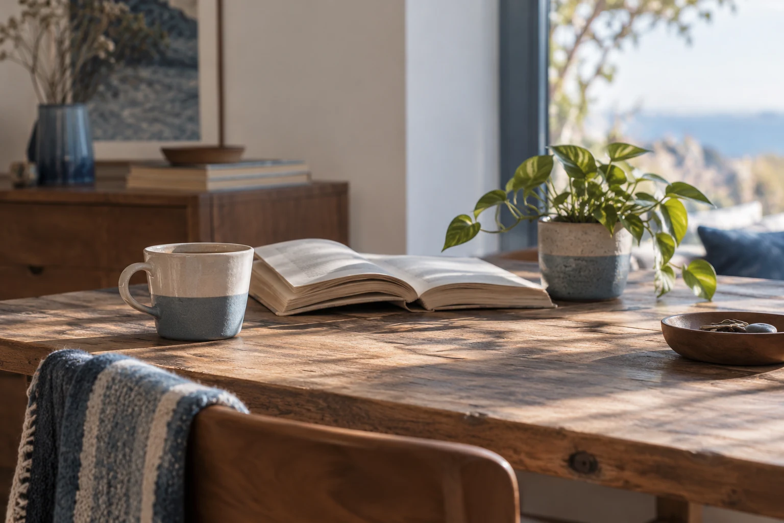 Una mesa despejada con un libro abierto, una taza y una planta junto a la ventana.