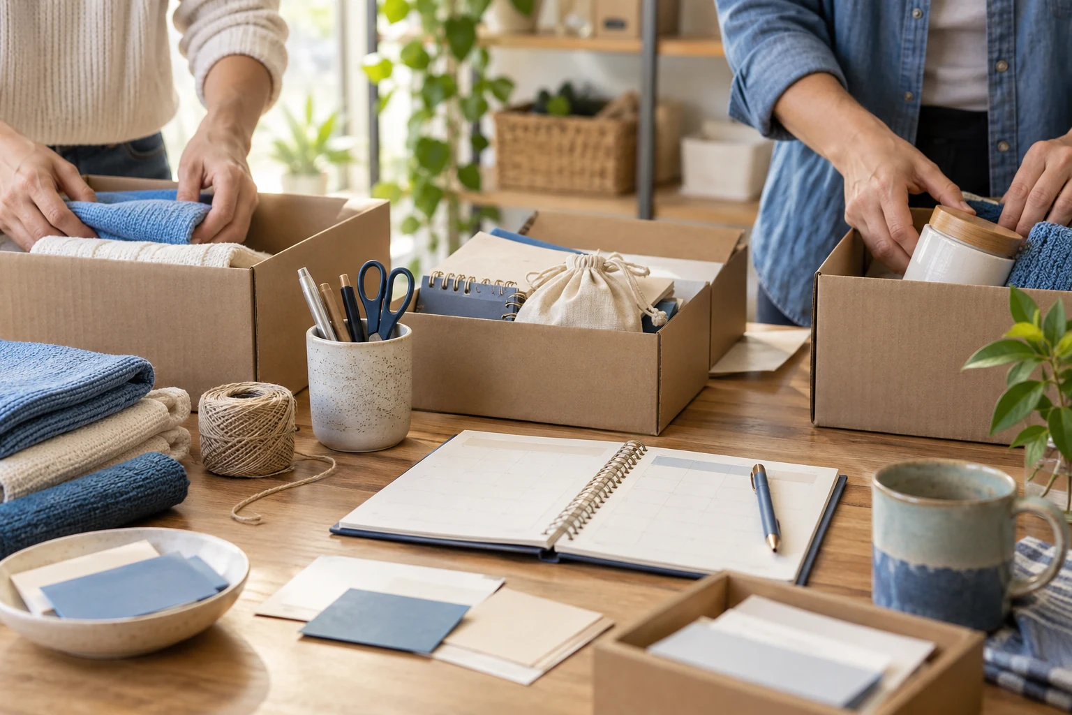 Dos personas organizan materiales en cajas sobre una mesa con una agenda abierta.