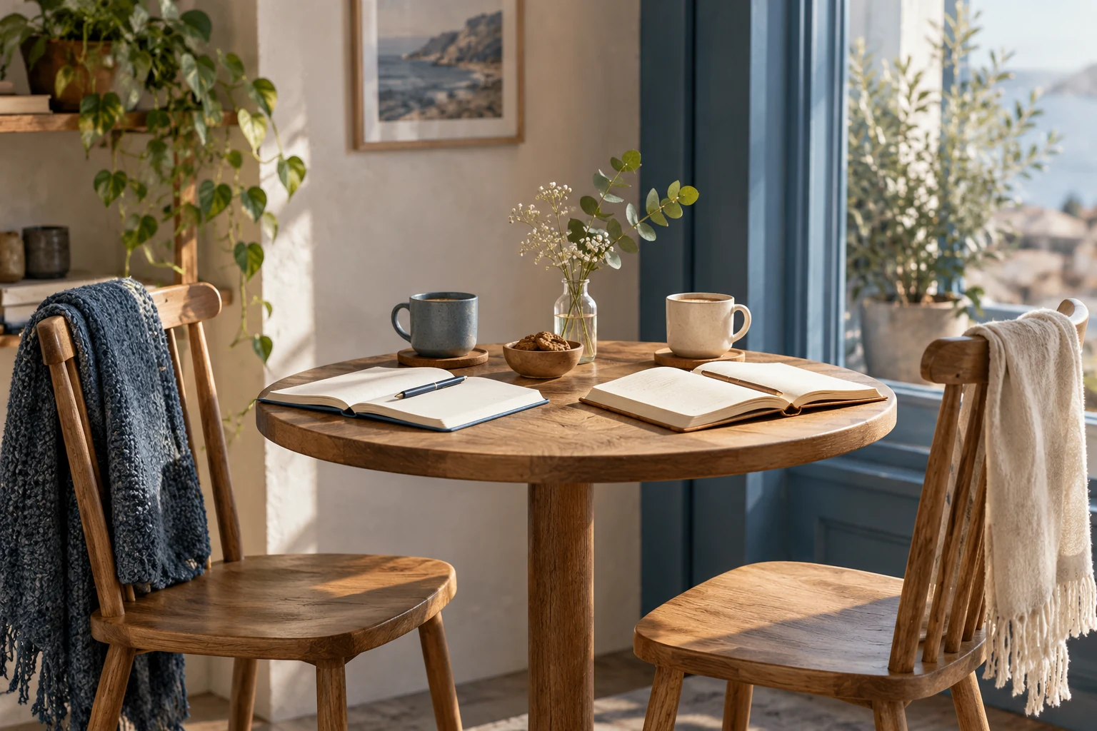 Dos sillas ante una mesa con cuadernos abiertos y dos tazas.