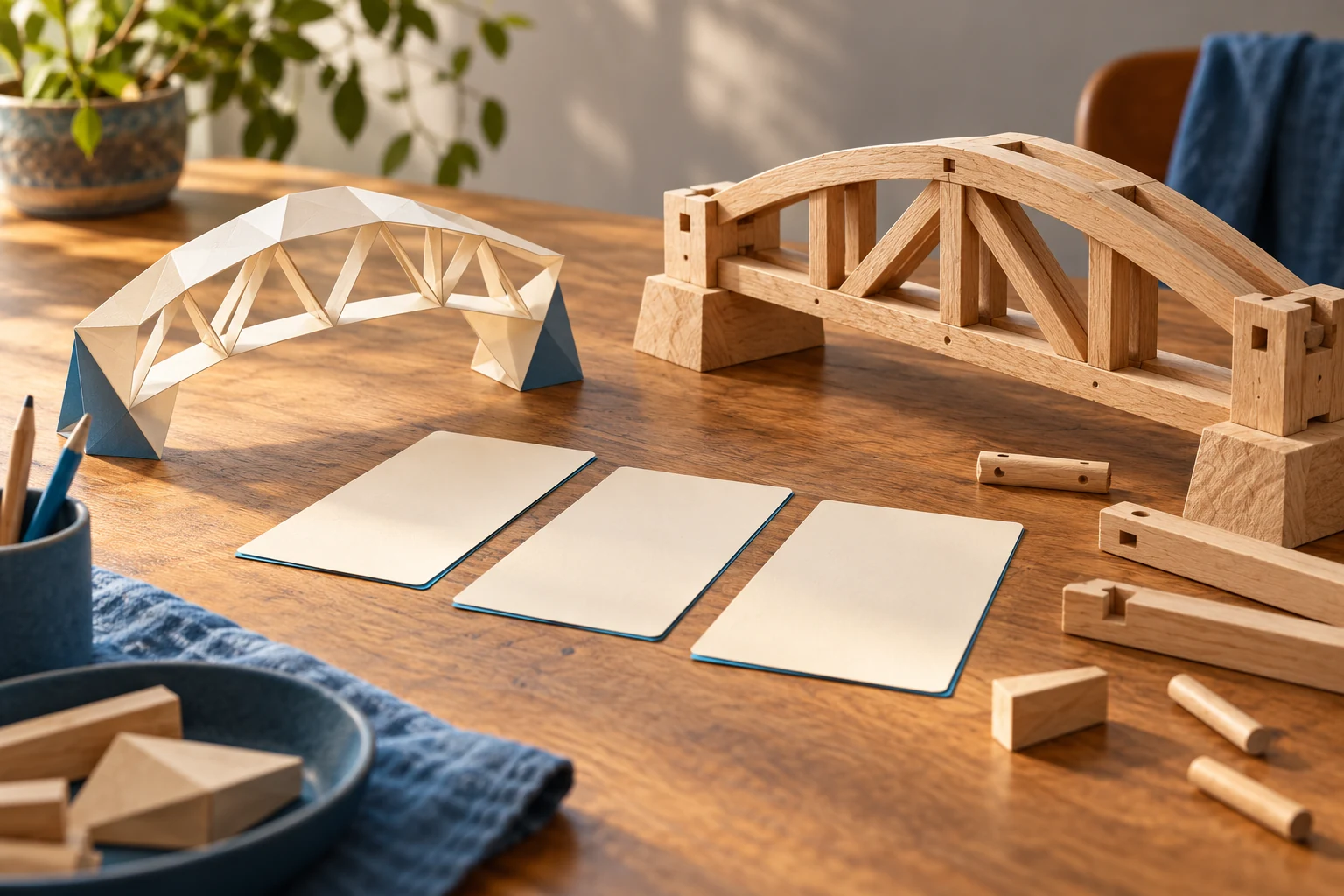 Un puente de papel y otro de madera junto a tarjetas vacías en una mesa de trabajo.