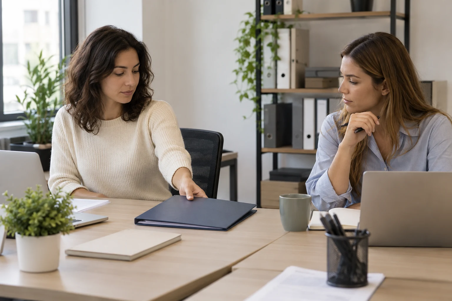 Dos mujeres junto a una mesa de oficina con un portátil y una carpeta cerrada.