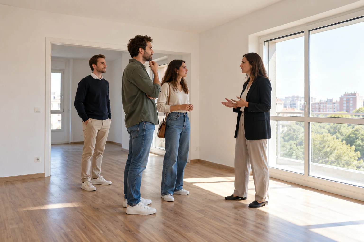 Cuatro personas en una vivienda vacía, mientras una mujer explica algo junto a una ventana.