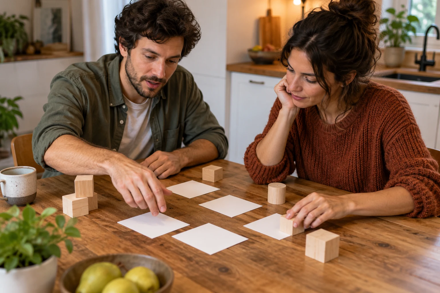 Dos personas colocan tarjetas en blanco y piezas de madera sobre una mesa doméstica.