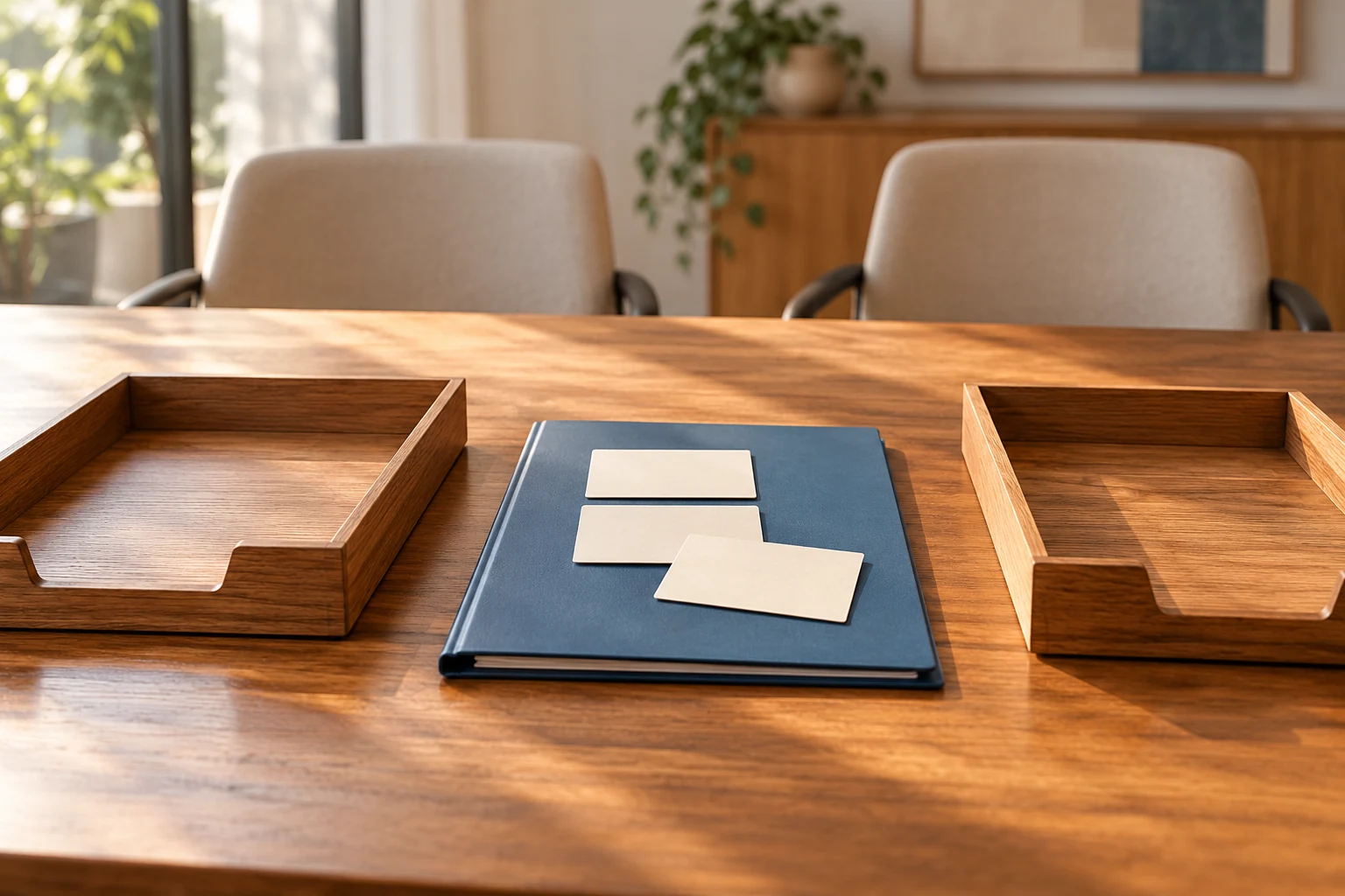 Una carpeta azul con tarjetas en blanco entre dos bandejas de madera vacías.
